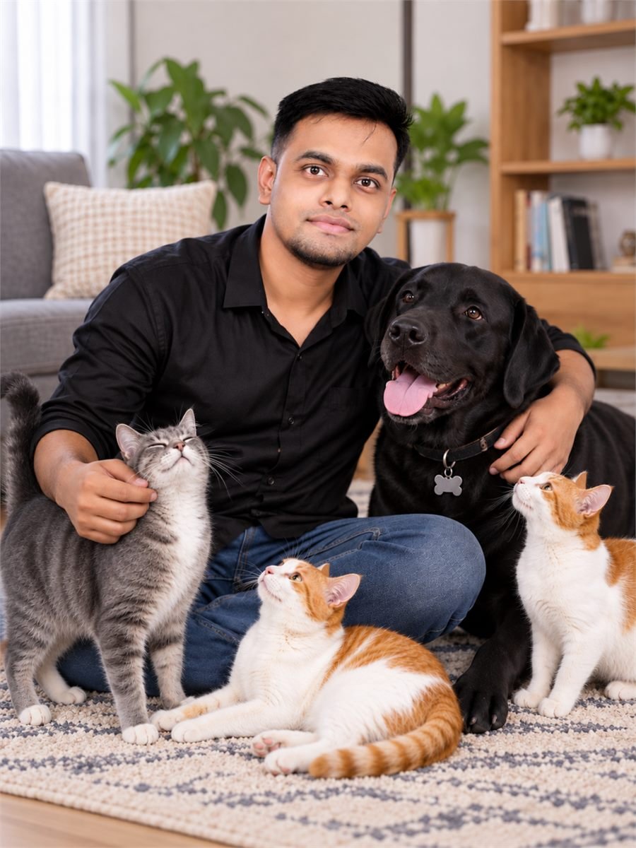 Sumeet Pawar sitting with his dog and three cats at home