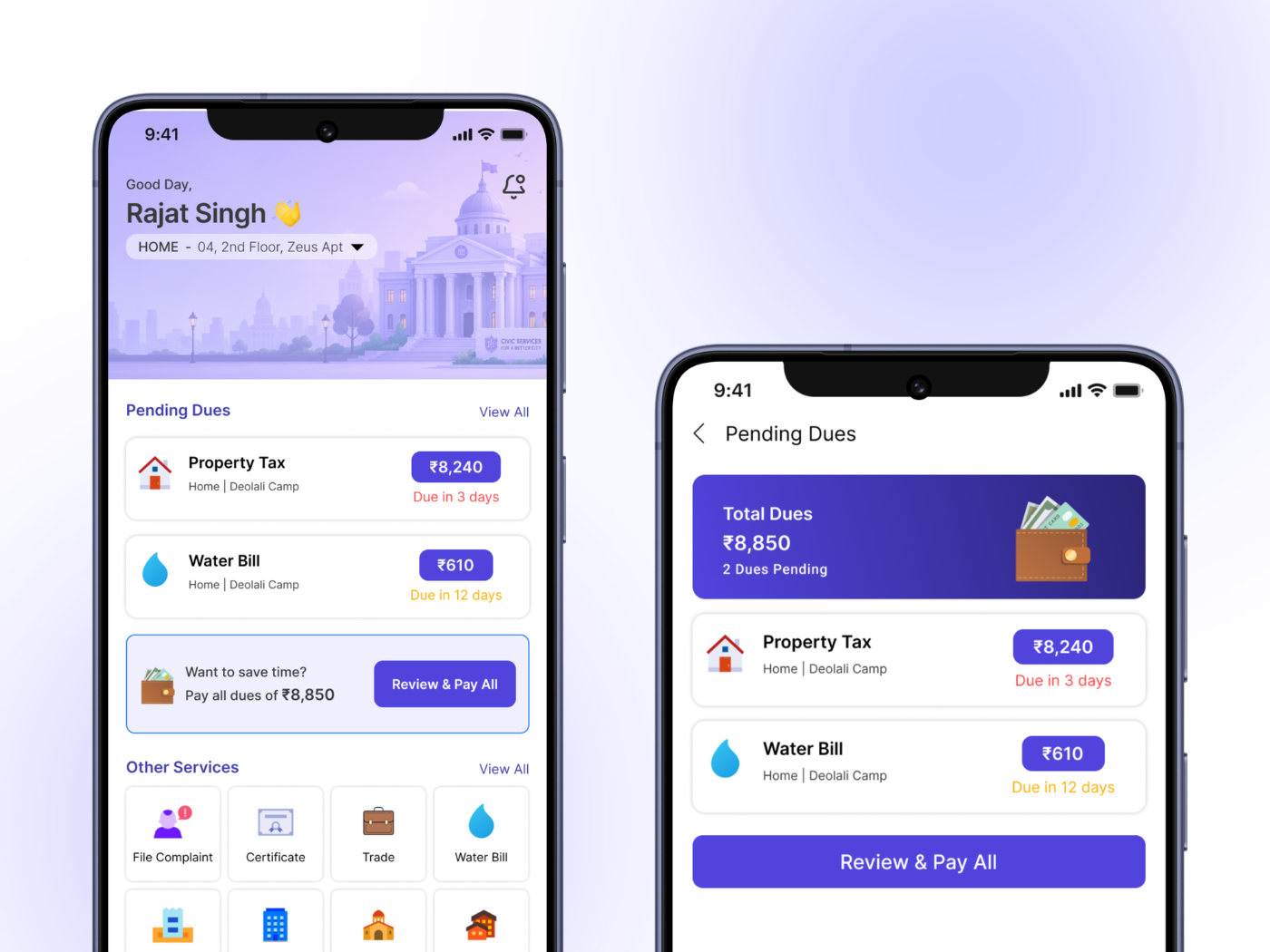 eChhawani app screens showing the home screen with pending dues surfaced, and the Pending Dues screen with a Review & Pay All action