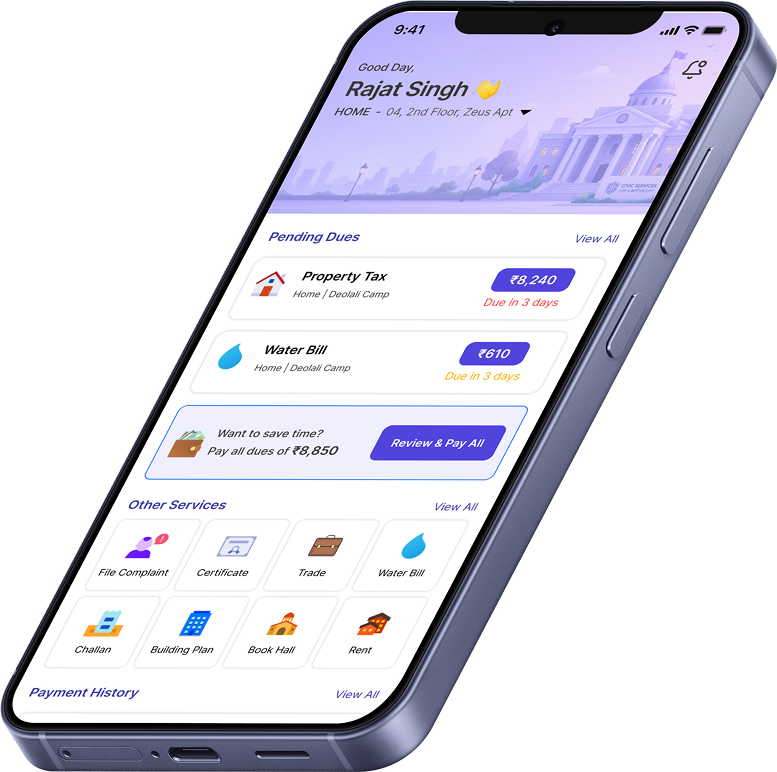 The redesigned eChhawani home screen, angled, showing pending dues surfaced with a Review and Pay All action