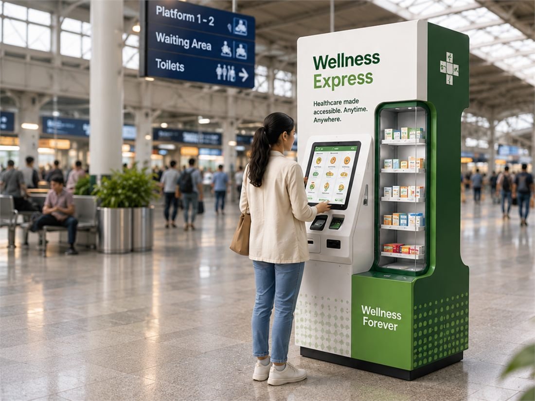 A person using a Wellness Express healthcare kiosk in a train station, browsing OTC products on the touchscreen next to a stocked shelf branded Wellness Forever