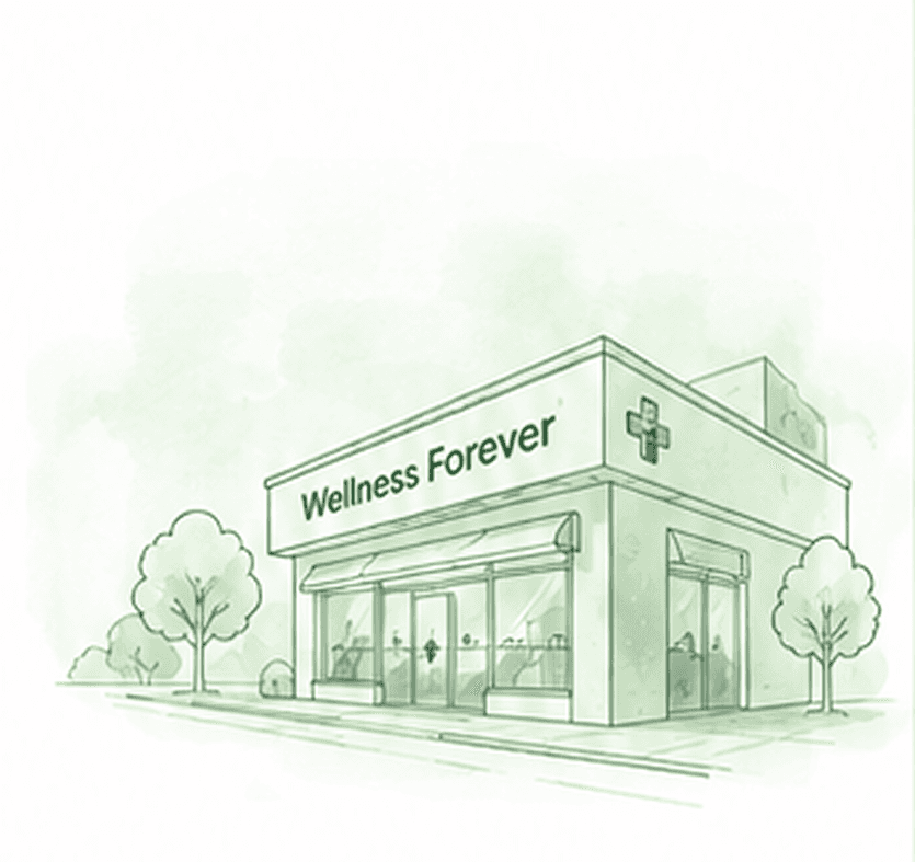 Line illustration of a Wellness Forever pharmacy storefront