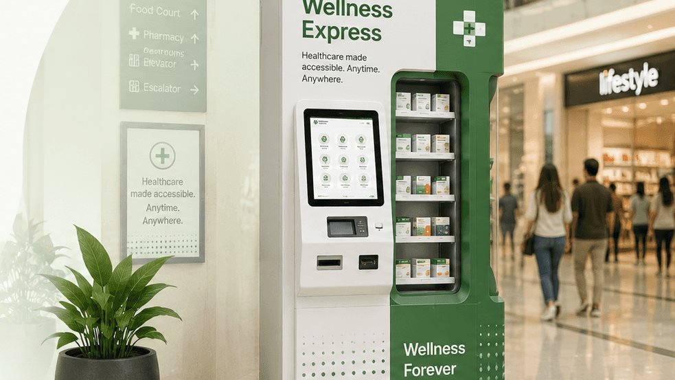 A Wellness Express self-service healthcare kiosk installed in a shopping mall, stocked with OTC products next to a touchscreen