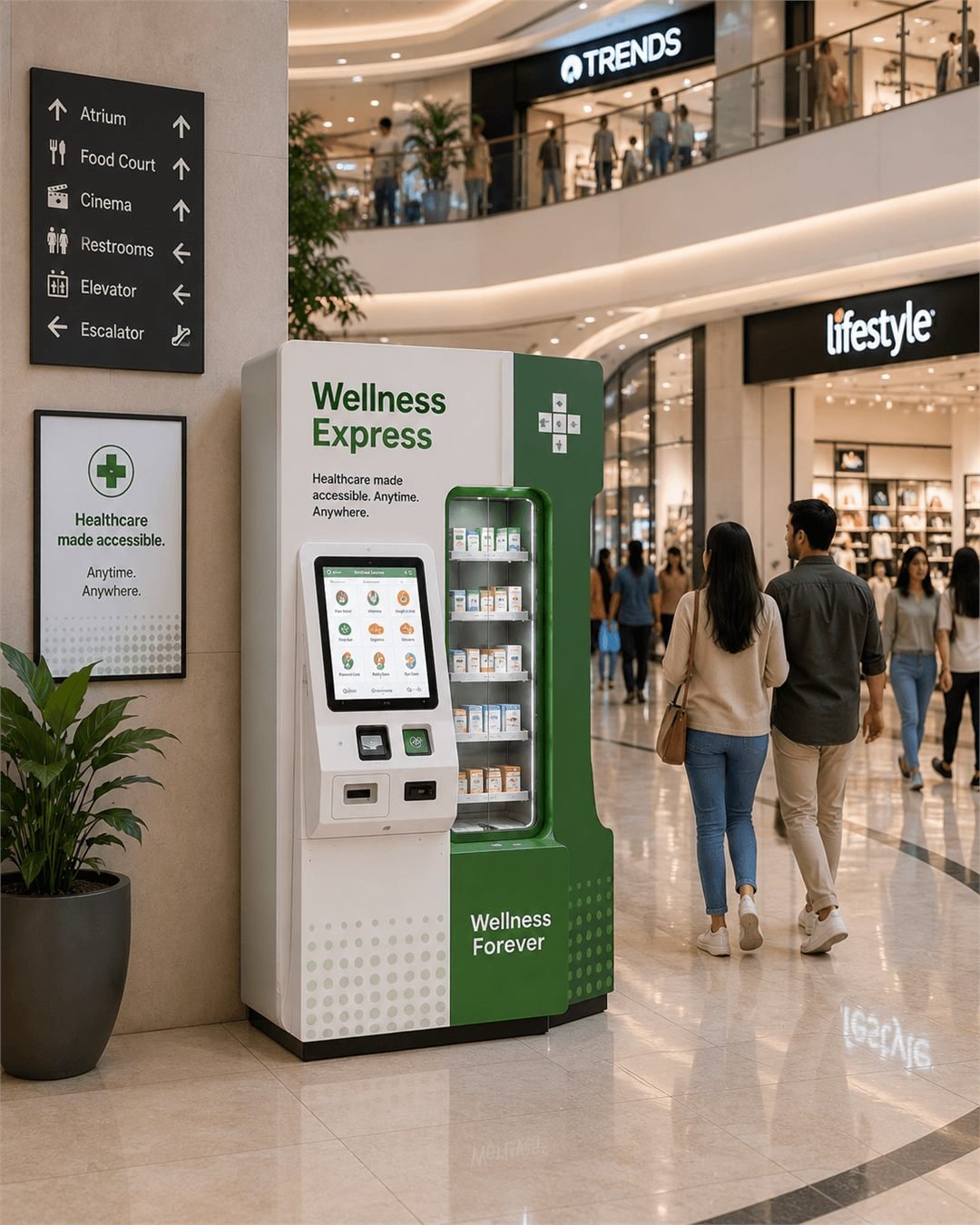 A Wellness Express kiosk in a shopping mall, with two people walking past and mall wayfinding signage overhead